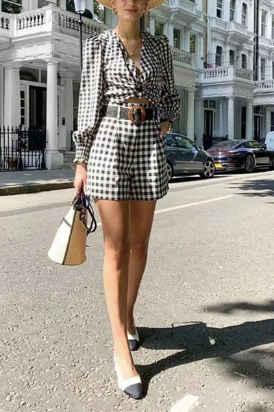 Plaid Knot Long Sleeve Blouse