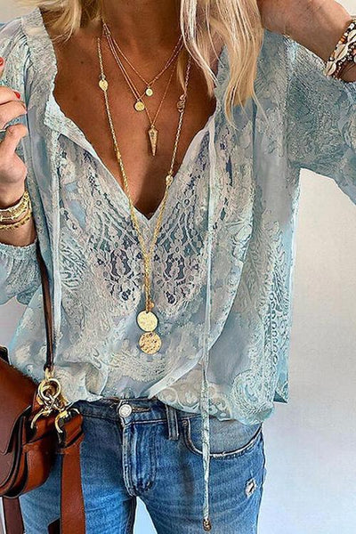 Lace Loose Long Sleeve Blouse - girlyrose.com