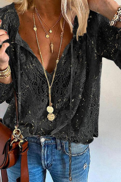 Lace Loose Long Sleeve Blouse - girlyrose.com