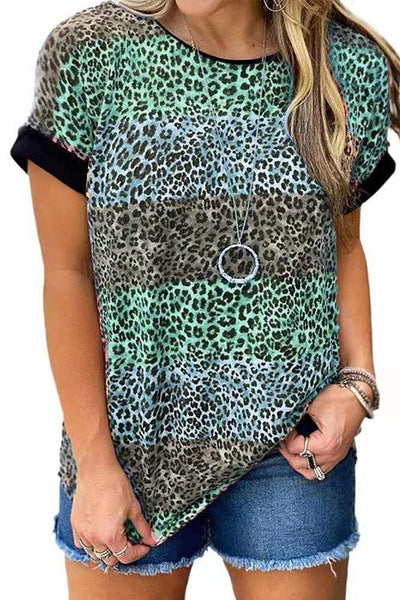 Leopard Patchwork Short Sleeve T shirt - girlyrose.com