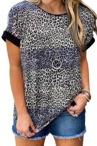 Leopard Patchwork Short Sleeve T shirt - girlyrose.com