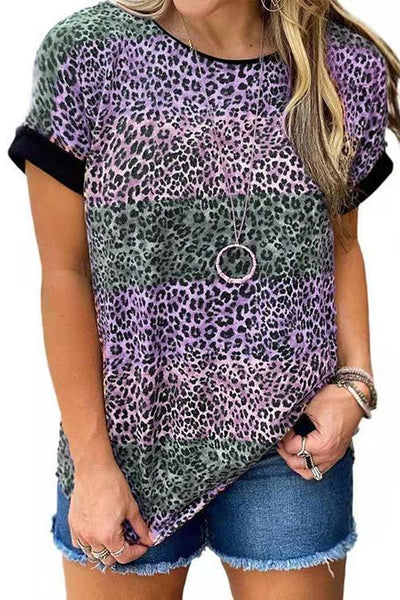 Leopard Patchwork Short Sleeve T shirt - girlyrose.com