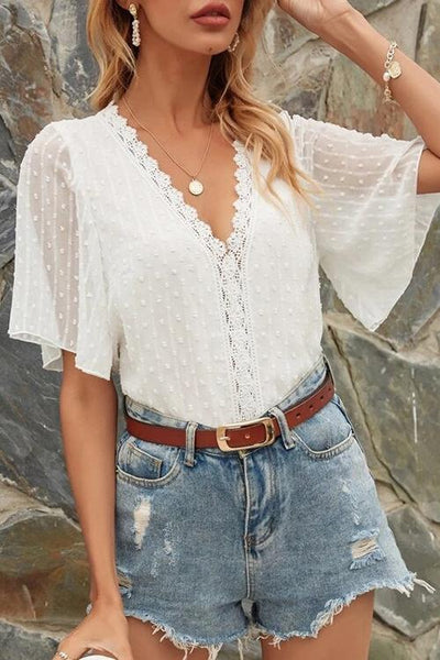 Lace V Neck Flares Short Sleeve Blouse