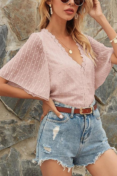 Lace V Neck Flares Short Sleeve Blouse