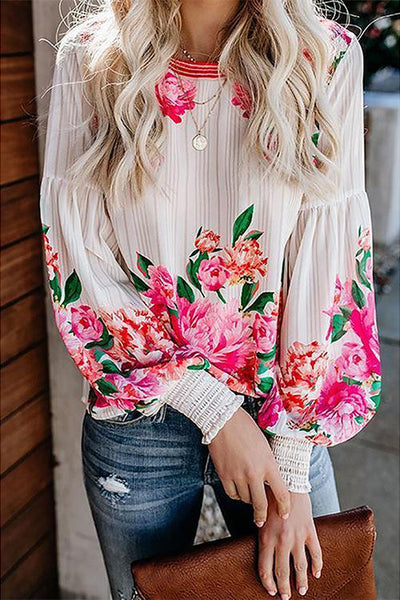 Floral Print Puff Long Sleeve Blouse