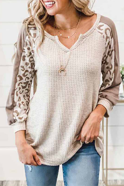 Leopard V Neck Long Sleeve Tops