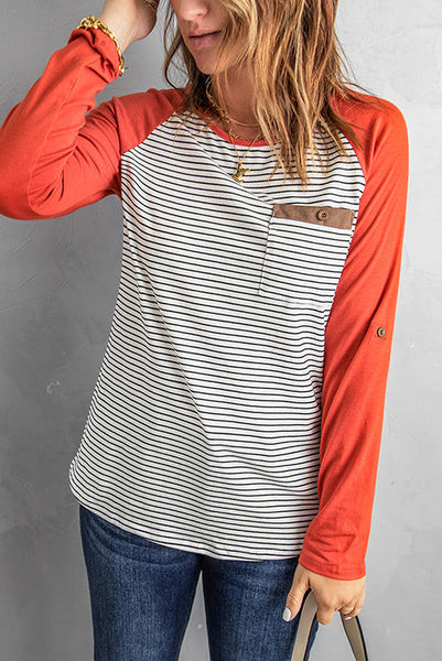 O Neck Long Sleeve Striped Raglan Top