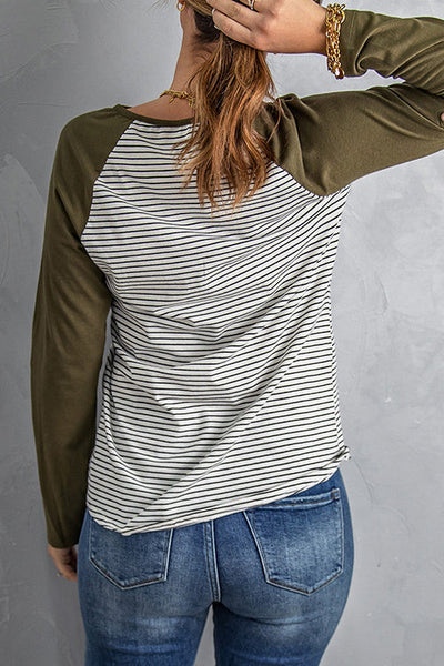 O Neck Long Sleeve Striped Raglan Top