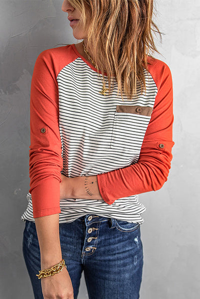 O Neck Long Sleeve Striped Raglan Top