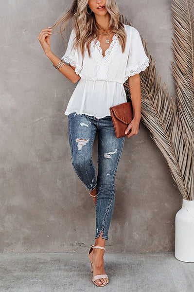 V Neck Crochet Lace Peplum Blouse