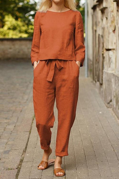 Linen O Neck Long Sleeve Pants Set