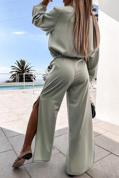 V Neck Loose T Shirt Slit Pants Set - girlyrose.com