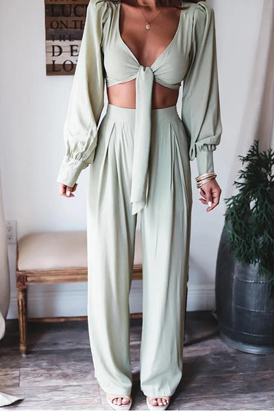 Knot Crop Top Wide Leg Pants Set - girlyrose.com