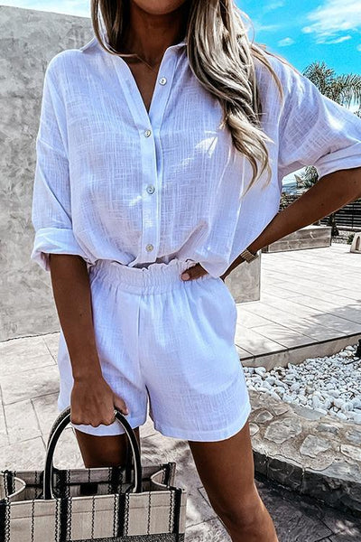 Linen Button Shirts Shorts Sets - girlyrose.com