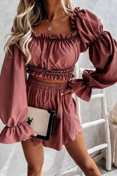 Off Shoulder Puff Sleeve Crop Shorts Set - girlyrose.com