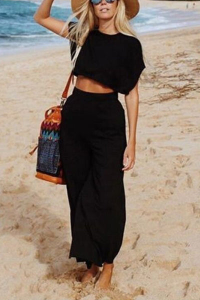 Solid Crop Top Slit Maxi Skirts Set