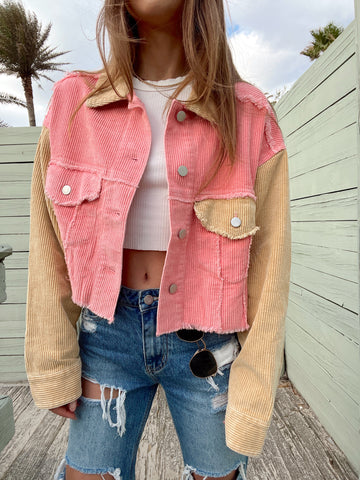 womens pink and beige colorblock corduroy crop jacket