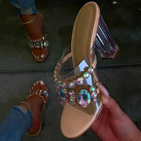 Lydiashoes Rhinestone Chunky Heel Slip-On Flip Flop Pvc Slippers