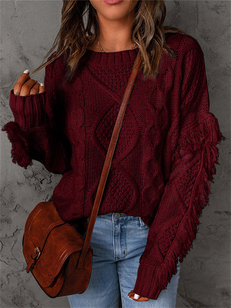 Loose-fitting Turtleneck Fringe Solid Color Pullover Knit Sweater for Women-Corachic