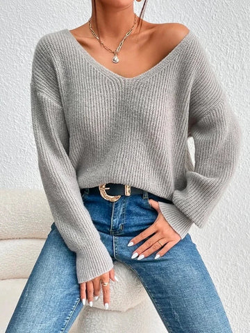 Fashion Long Sleeves V-Back Split-Joint Lace V-Neck Sweater Tops