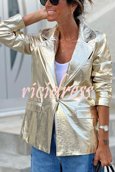 Sparkle Style Metallic Fabric Pocketed Lapel Blazer