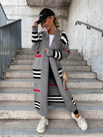 Ladies Long Cardigan Striped Knit Sweater-Corachic