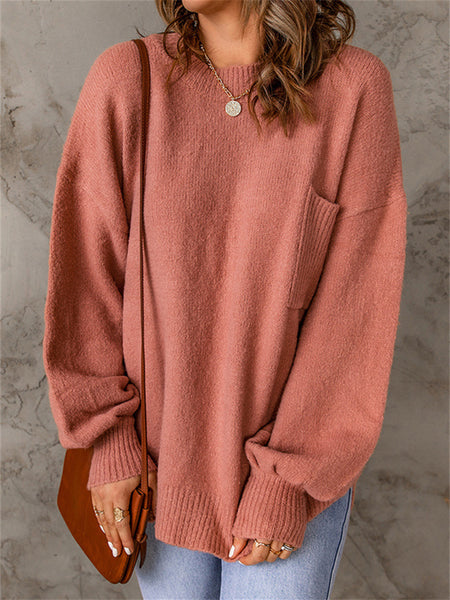 Solid Color Casual Long Sleeve Sweater with Pockets-Corachic