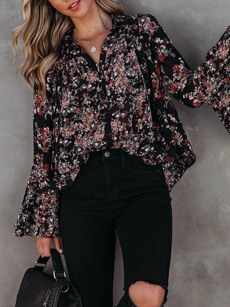 Flared Sleeves Floral Printed Elastics V-Neck Blouses&Shirts Tops