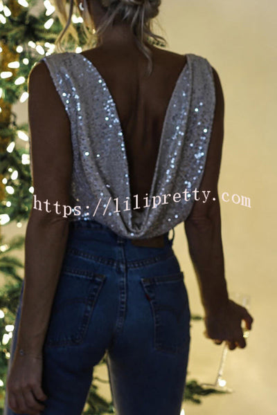 Sparkle and Sip Sequin Cowl Back Bodysuit Tank