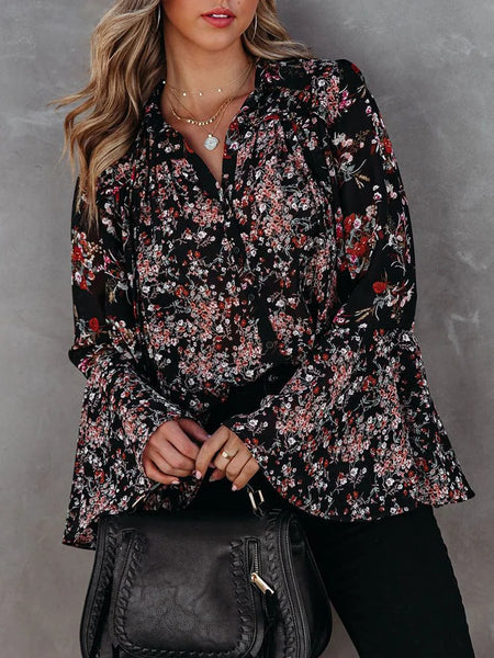 Flared Sleeves Floral Printed Elastics V-Neck Blouses&Shirts Tops