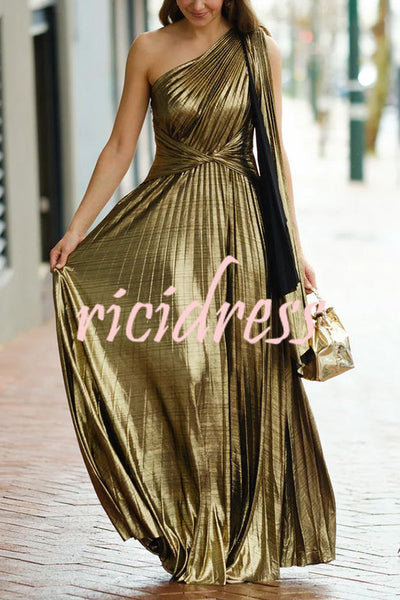 Exceptionally Chic Metallic Gold One Shoulder Drape Sleeve Pleated Maxi Dress