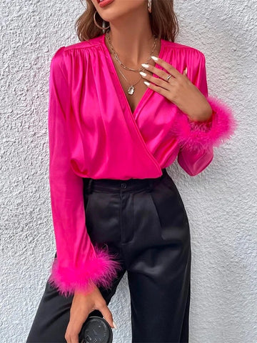 Leisure Fluorescent Feathers V-Neck Blouses&Shirts Tops