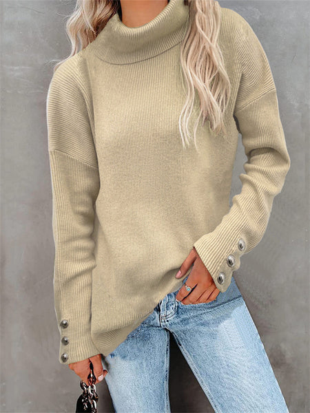 Casual Loose Knit Sweater with High Collar and Long Sleeve In Solid Color-Corachic