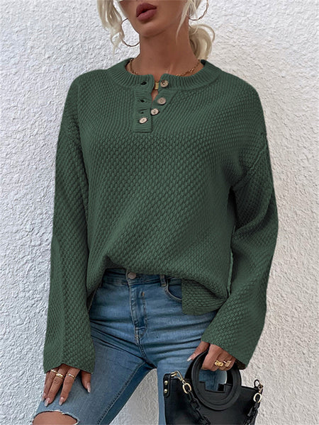 Casual Solid Color Sweater with Round Neck and Buttons-Corachic