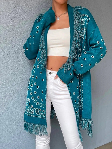 Fashion Loose Floral Printed Tasseled Crochet Cardigan Coats