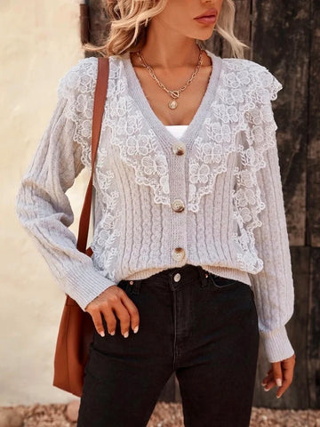 Long Sleeves Buttoned Ruched Embroidered V-Neck Sweater Tops