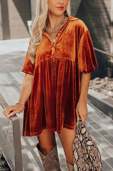 Maple Latte Velvet Button Tunic Mini Dress