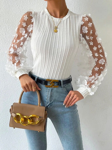 Fashion Long Sleeves Floral Printed See-Through Applique Round-Neck Blouses&Shirts Tops