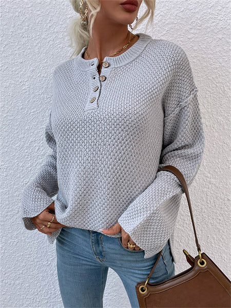 Casual Solid Color Sweater with Round Neck and Buttons-Corachic