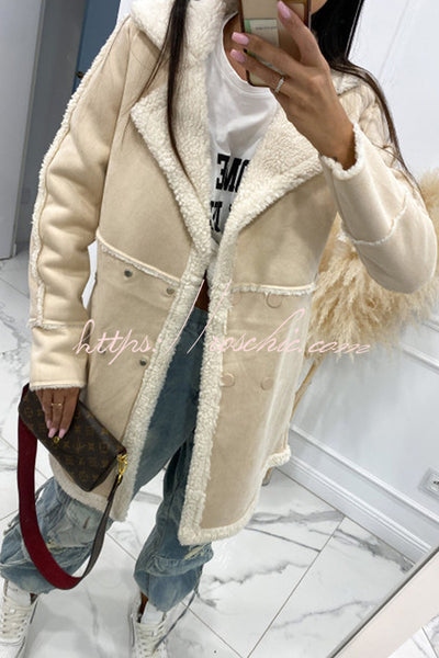 Single Breasted Multi Button Solid Color Long Sleeved Sherpa Coat