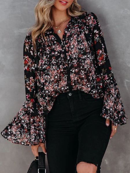 Flared Sleeves Floral Printed Elastics V-Neck Blouses&Shirts Tops