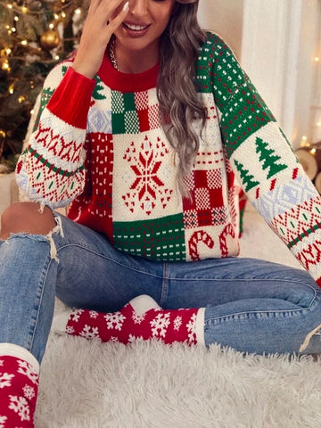 Festival Floral Printed Crochet Round-Neck Christmas Sweater Tops