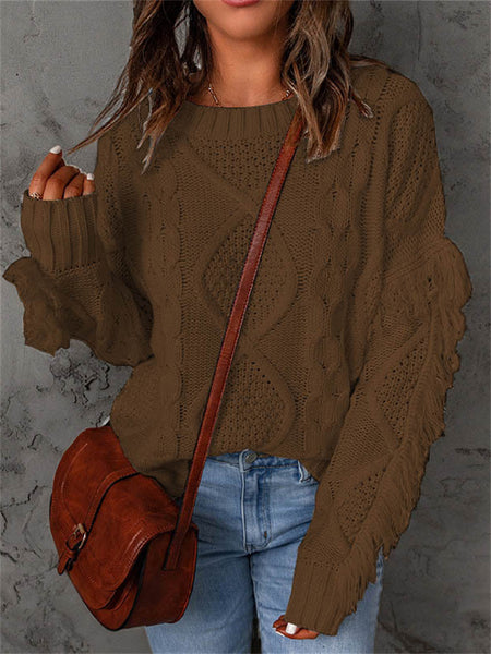 Loose-fitting Turtleneck Fringe Solid Color Pullover Knit Sweater for Women-Corachic