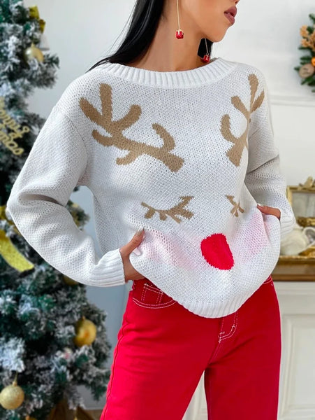 White Christmas Elk Crochet Round-Neck Sweater Tops