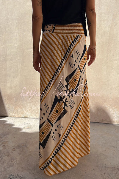 Eva Satin Geometric Print Elastic Waist Maxi Skirt