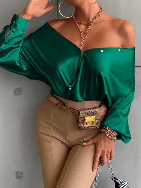 Sexy Long Sleeves Buttoned  V-Neck Satin Blouses&Shirts Tops
