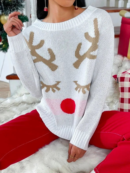 White Christmas Elk Crochet Round-Neck Sweater Tops