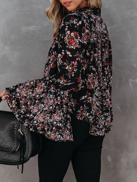 Flared Sleeves Floral Printed Elastics V-Neck Blouses&Shirts Tops