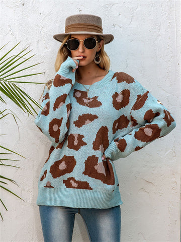 Leopard Round Neck Loose Knit Pullover Sweater-Corachic