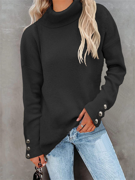 Casual Loose Knit Sweater with High Collar and Long Sleeve In Solid Color-Corachic